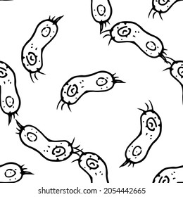 A pattern of doodle bacteria.Seamless pattern of a hand-drawn doodle-style viral bacterium with a black outline on white.MICROBE isolated oval irregular shape with a texture of dots and circles