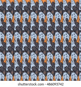 pattern with doodle blue, orange and lilac doodles. Vector.