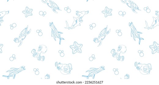 Pattern of doodle cartoon fish and animals on a white background for printing and design.Vector illustration.