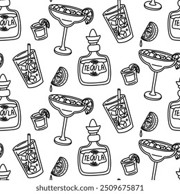 pattern of doodle cocktails Margarita, Mojito in a glass, a bottle of Tequila in a shot glass. a slice of lemon, lime, hand-drawn, with ice cubes. Seamless texture with alcoholic Mexican drinks