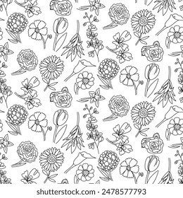 pattern with doodle colors in black. Individual branches of flowers. Linear illustration of nature. Contour elements. Perfect for adding tenderness and beauty to your design. Seamless texture