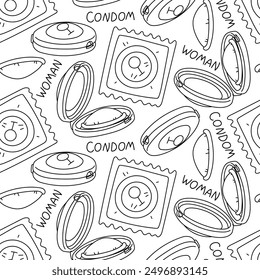 Patrón de dibujos de doodle de condones femeninos. Ilustraciones de contorno para sexo seguro y anticoncepción. Textura del condón en diferentes Formas el paquete es plástico cerrado y abierto, embalaje