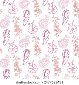 A pattern of doodle flowers cosmos, orchid, hydrangea, tulip in pink shades. Seamless freehand drawing with a wide line. Shades of pink on white. Romantic silhouette for a holiday on wedding cards