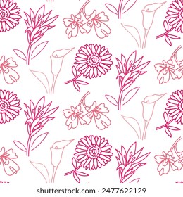 pattern of doodle flowers nerine, daisy, calla lily, alstroemeria in pink shades. Seamless freehand drawing with a wide line. Shades of pink on white Romantic silhouette for a holiday on wedding cards