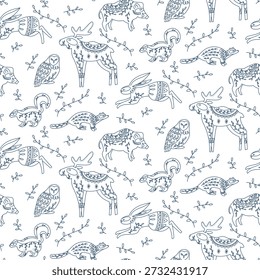 Pattern doodle forest animals with natural folk ornaments. Forest animals in Scandinavian style deer, hares, raccoons, owls, wild boar, textile prints, coloring pages, ethnic graphic design projects