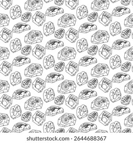 Pattern from doodle fossils. Footprints of various dinosaurs, fish bones, plants, and shells have a seamless texture. Stones, vulcanization. Materials for scientific posters, books, and articles.