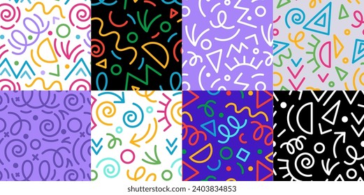 Pattern doodle, fun kid background. Color line, seamless shape, cute abstract element, childish party graphic, celebrate birthday, scribble and squiggle print. Vector tidy wrapping paper, wallpaper