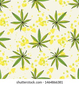 pattern Doodle hemp leaf hand drawn black outline splashes of yellow and green on white