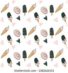Pattern with doodle ice-cream and a donut isolated on white background. Hand drawn vector texture for print, card, poster