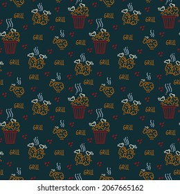 A pattern of doodle icons of grilled chicken. Legs and wings, fried birds. Background for restaurant banner design and textiles. Vector illustration