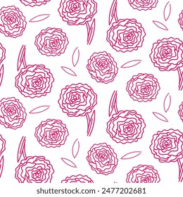 A pattern from a doodle illustration in the form of a pink peony with leaves. Seamless hand-drawn drawing with a wide line. shades of pink on white. Romantic silhouette for a holiday on wedding cards