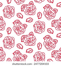 Pattern from a doodle illustration in the form of a pink rose with leaves. Seamless hand-drawn drawing with a wide line. shades of pink on white Romantic silhouette for a holiday on wedding cards