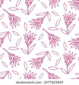 pattern from a doodle illustration in the form of a pink nerine with leaves. Seamless hand-drawn drawing with a wide line. shades of pink on white. Romantic silhouette for a holiday on wedding cards