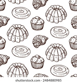 A pattern of doodle illustrations depicting baking, brown outline. The image is made manually using lines of different thicknesses. Contour illustration for baking in cafes, bakeries on white