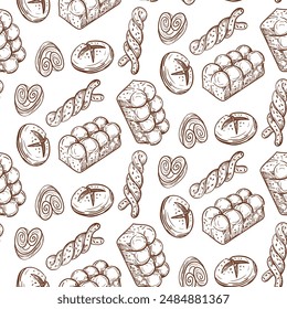 Pattern of doodle illustrations depicting baking, brown outline. The image is made manually using lines of different thicknesses. Contour illustration for baking in cafes, bakeries on white