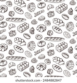 Pattern of doodle illustrations depicting baking, light brown. image is made manually using lines of different thicknesses. Contour for baking in cafes, bakeries on white. Variety of bread and baking