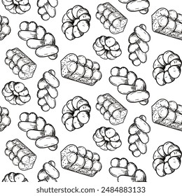 Pattern of doodle illustrations depicting baking, light brown. image is made manually using lines of different thicknesses. Contour for baking in cafes, bakeries on white. Variety bakery products