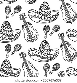 Um padrão de rabiscar instrumentos musicais mexicanos. Maracas, violão, sombreros repetidos no turno. Instrumentos pintados para festivais folclóricos de estilo mexicano em movimento. tocando instrumentos. Textura sem costura