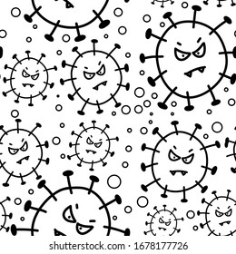 Pattern of doodle monsters coronovirus with eyes and fangs. simple vector illustration. Coronovirus Prevention 2019-ncov covid-19