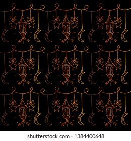 Pattern of doodle, moon, stars,  Arabic lanterns
