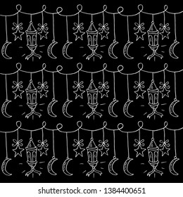 Pattern of doodle, moon, stars,  Arabic lanterns