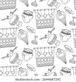 Desenho padrão de artefatos de museu. Jarro, tambor, tapete, pratos, xícara. Atividade de vida humana. Adequado para projetar sites, impressões, livros, materiais infantis e educacionais sobre história e cultura