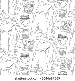 Pattern doodle museum artifacts. Part of an Egyptian slab with hieroglyphs, Greek column, vase, first buildings. Suitable for websites, prints, books, educational materials on history and culture