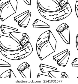 Un patrón de queso doodle parmesano o pecorino en forma de piezas triangulares semicirculares, convenientemente cortadas, Ilustración vectorial de un producto lácteo. Textura de líneas finas en blanco