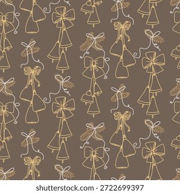Padrão com rabiscar sinos de Natal marrom retro, ramos fofos e arcos de corda. Design colorido de férias para papel de embrulho decorativo, impressões sazonais em têxteis ou férias