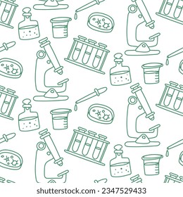 Pattern doodle science biology. Texture for biology. Back to school, biology lesson. Subjects for the lesson test tube, microscope, pipette, liquid on a white background