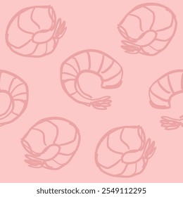 Pattern with doodle shrimps. Cuisine, menu, seafood. Vector illustration for design.