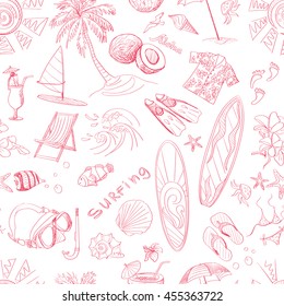 Pattern of doodle sketch Surfing icons. Isolated vector illustration