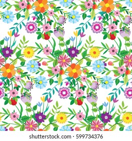 Pattern doodle spring. Background with flowers, leaves. Spring illustration