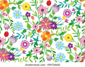 Pattern doodle spring. Background with flowers, leaves. Spring illustration