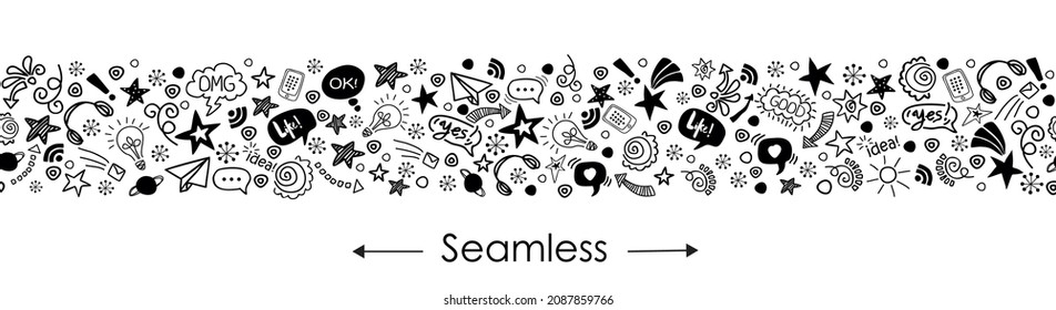 Pattern doodle teens speech in paper art style on black background. Seamless vector graphic modern illustration. Trendy illustration for decoration design.