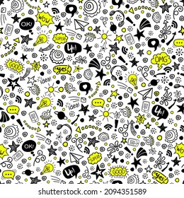 Pattern doodle Zehner Sprache in Papierkunst-Stil auf schwarzem Hintergrund. Nahtlose Vektorgrafik, moderne Illustration. Trendfarbene Illustration für Dekorationsdesign.