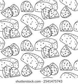 A pattern of doodles depicting various pieces of Feta cheese. A whole piece of pressed dairy product with sliced pieces. Greek curd cheese made from dairy products has a seamless texture