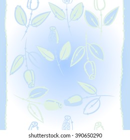 Pattern, doodles, floral theme, leaves, branches, buds, spirals,  vertical stripes. Hand drawn.