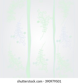 Pattern, doodles, floral theme, leaves, branches, stamens,  vertical stripes. Hand drawn.