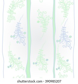 Pattern, doodles, floral theme, leaves, branches, stamens,  vertical stripes. Hand drawn.