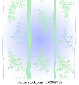 Pattern, doodles, floral theme, leaves, branches, stamens,  vertical stripes. Hand drawn.