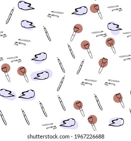 pattern of doodles on cosmetics cream,eye shadow, face powder, brush, foundation cream, mascara on a white background