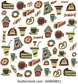 pattern of doodles on a theme cafe. retro style. vector. hand drawing