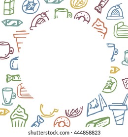 pattern of doodles on a theme cafe. a circular area for the label. vector. hand drawing