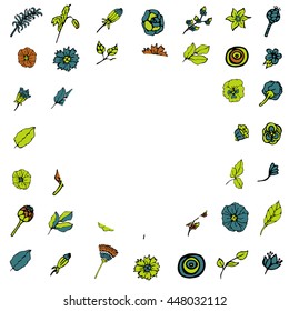 pattern of doodles on a theme of flowers and leaves with a white background and a round frame. vector. hand drawing