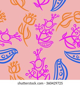 Pattern, doodles,ellipses, floral, branches, leaves, stamens, seamless. Hand drawn.