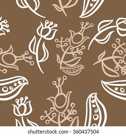 Pattern, doodles,ellipses, floral, branches, leaves, stamens, seamless. Hand drawn.