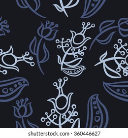 Pattern, doodles,ellipses, floral, branches, leaves, stamens, seamless. Hand drawn.