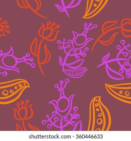 Pattern, doodles,ellipses, floral, branches, leaves, stamens, seamless. Hand drawn.