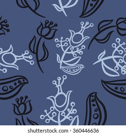 Pattern, doodles,ellipses, floral, branches, leaves, stamens, seamless. Hand drawn.